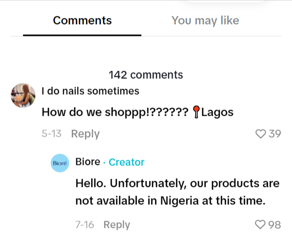Screenshot of Biore's interaction on TikTok.