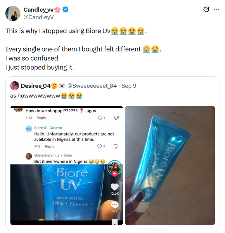 Screenshot of CandleyV's comment about Biore UV sunscreen on X