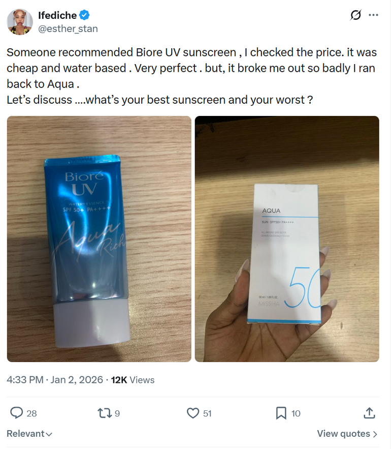 Screenshot of Ifediche's comment about Biore UV sunscreen on X