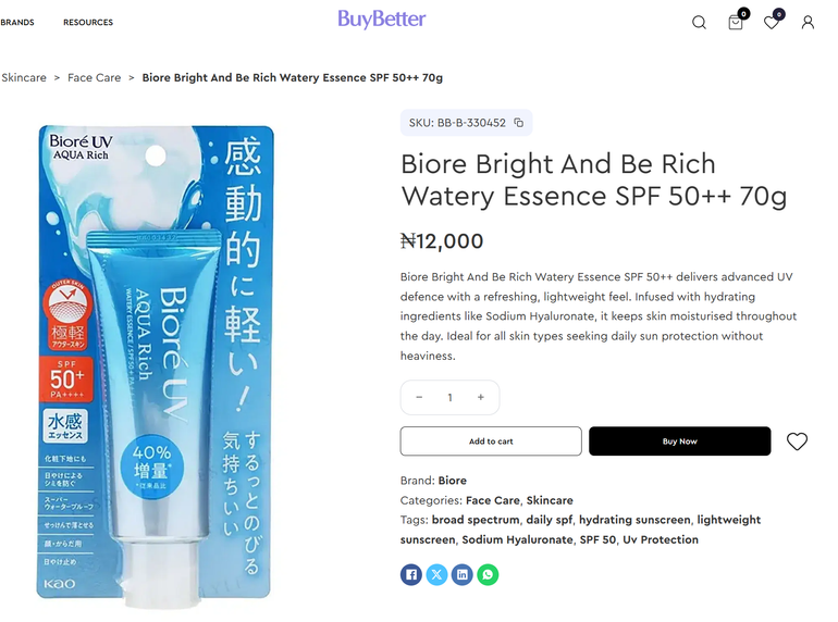 Screenshot of BuyBetter's website listing 70 g sunscreen under a ‘unique’ title: Biore Bright And Be Rich Watery Essence SPF 50++
