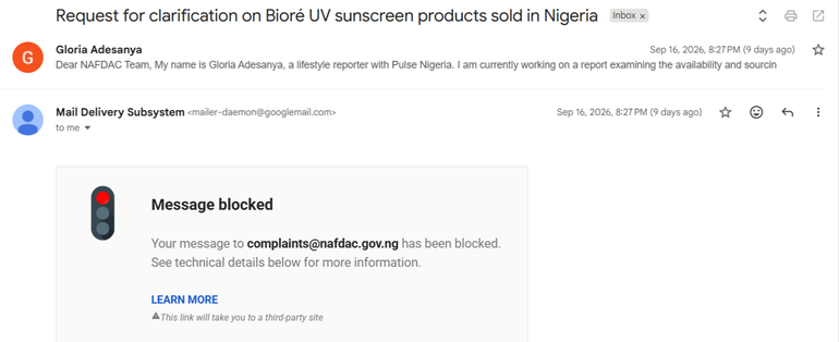 Screenshot of the email I sent to NAFDAC's dedicated complaint desk.
