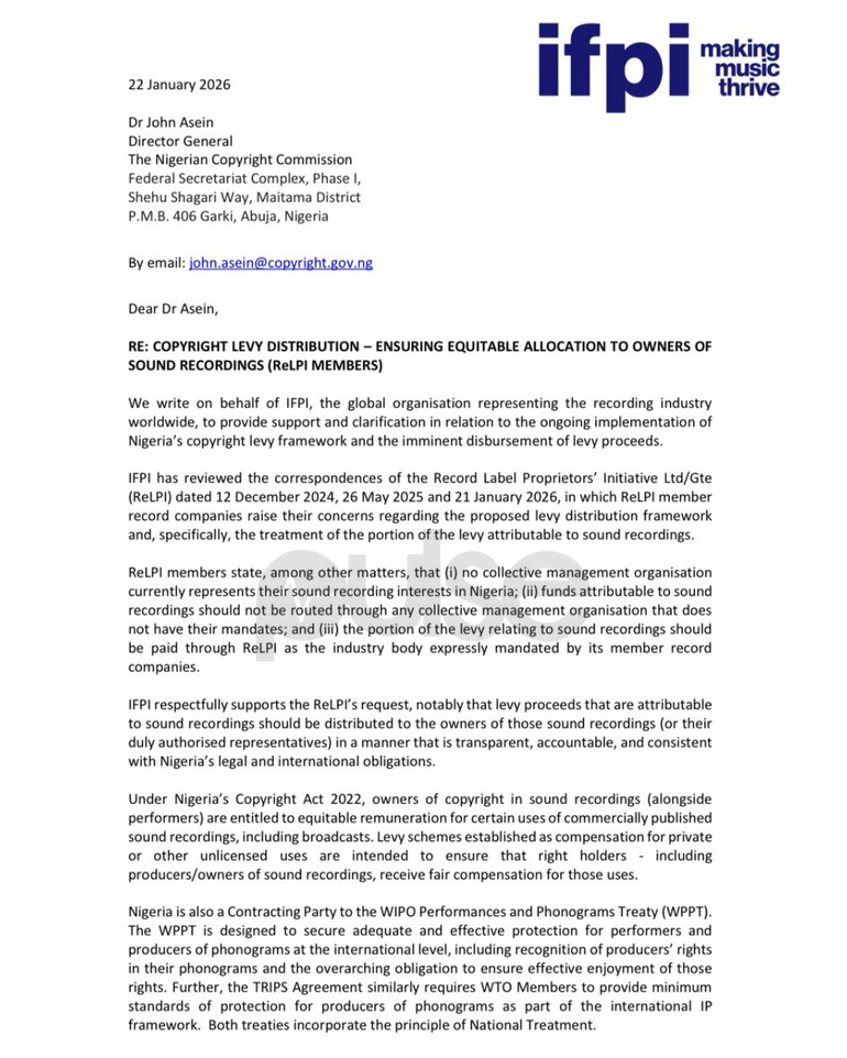 IFPI's letter to the Nigerian Copyright Commission