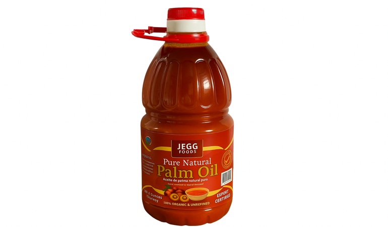 A sealed, factory-packaged jerrycan of certified Pure Natural Palm Oil with a brand label on a clean white background.
