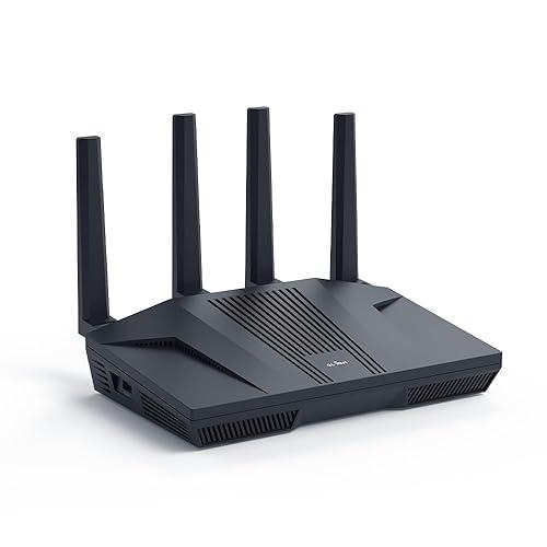 Modern black multi-antenna gigabit internet router isolated on a white background for high-speed fibre optic broadband.