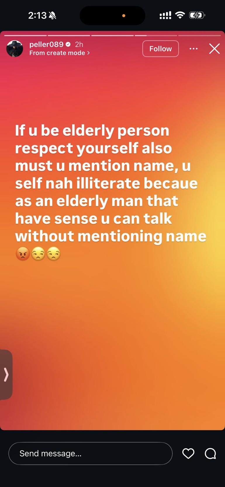 Peller's response to YCee on his Instagram Stories