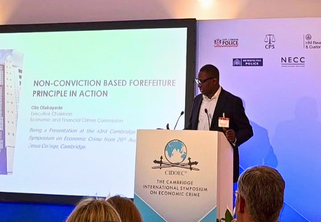 Ola Olukoyede speaking at the 43rd Cambridge International Symposium on Economic Crime in the United Kingdom.