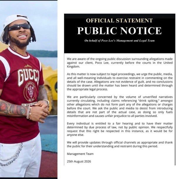 Public statement from Poco Lee's management