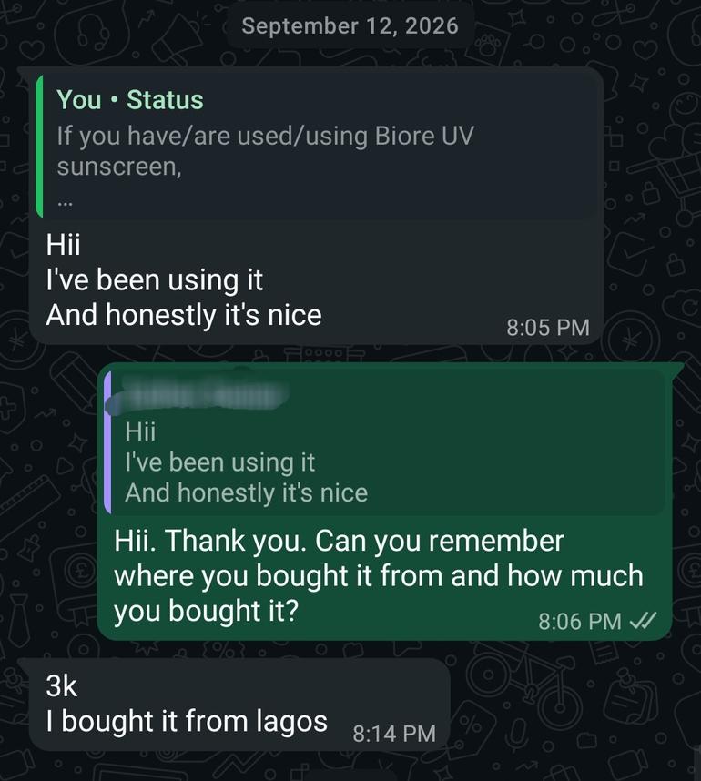 WhatsApp screenshot of my interaction with a respondent about Biore UV sunscreen.