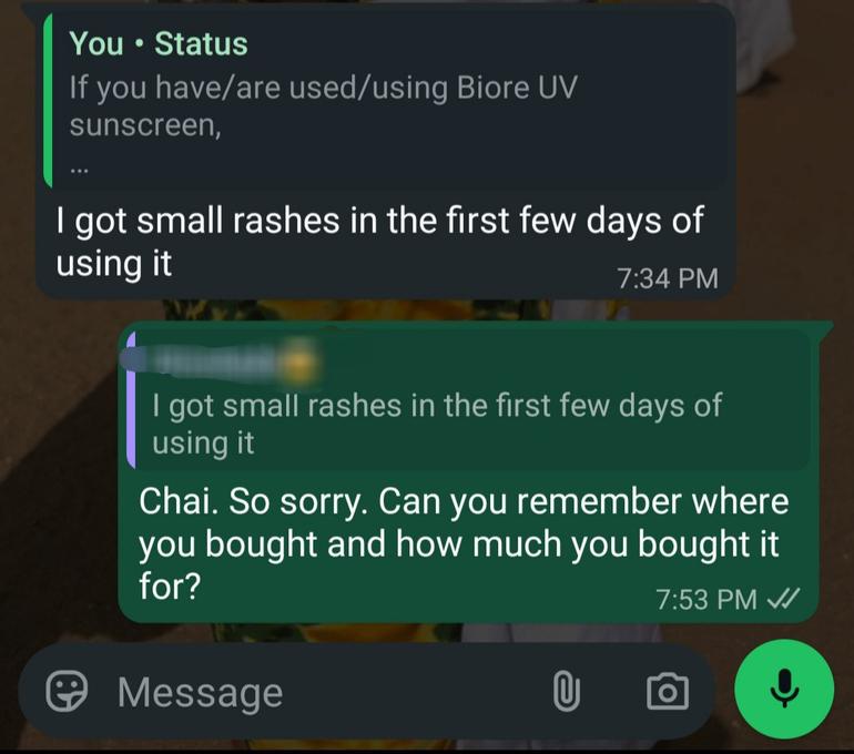 WhatsApp screenshot of my interaction with a respondent about Biore UV sunscreen.
