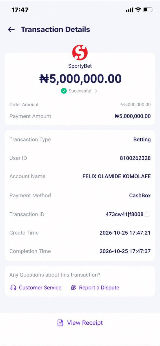 Screenshot of a SportyBet transaction details page displaying a successful betting payment of ₦5,000,000 made by account name Felix Olamide Komolafe on October 25, 2026