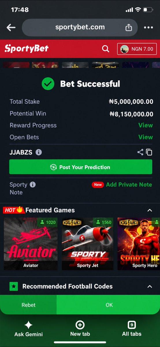 Screenshot of a SportyBet bet confirmation screen indicating a successful wager with a total stake of ₦5,000,000 and a potential win of ₦8,150,000.