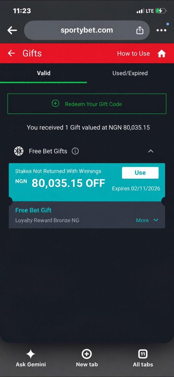 Screenshot of a SportyBet app gifts page showing an active "Loyalty Reward Bronze NG" free bet gift valued at ₦80,035.15.