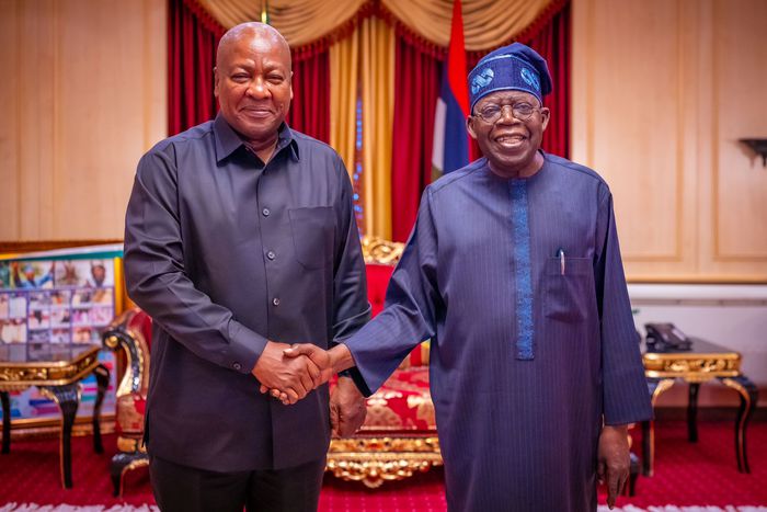 President Bola Tinubu receiving the visiting President of Ghana John Mahama, at the Presidential Villa in Abuja on Thursday