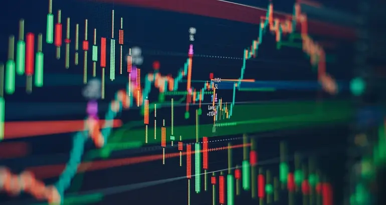A digital financial market chart displaying volatile candlestick patterns representing foreign exchange and currency fluctuations.