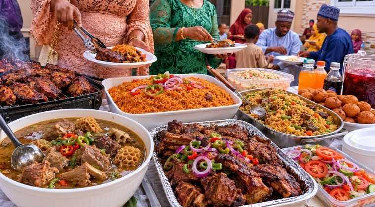 A large spread of traditional Nigerian party food, including Jollof rice, fried meat, and sides, is served during the Eid al-Adha holiday.