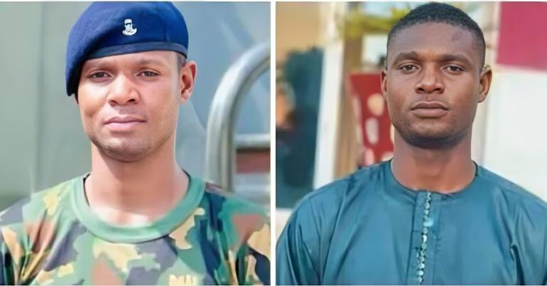 Side-by-side comparison photo of arrested Nigerian Army soldier Private Mohammed Yusuf in uniform and civilian attire