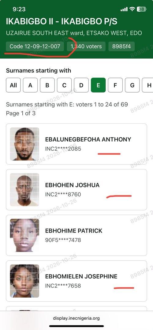 Screenshots of suspected AI images attached to voter records in Ward 11, Uzairue South East, Etsako West Local Government Area of Edo State.