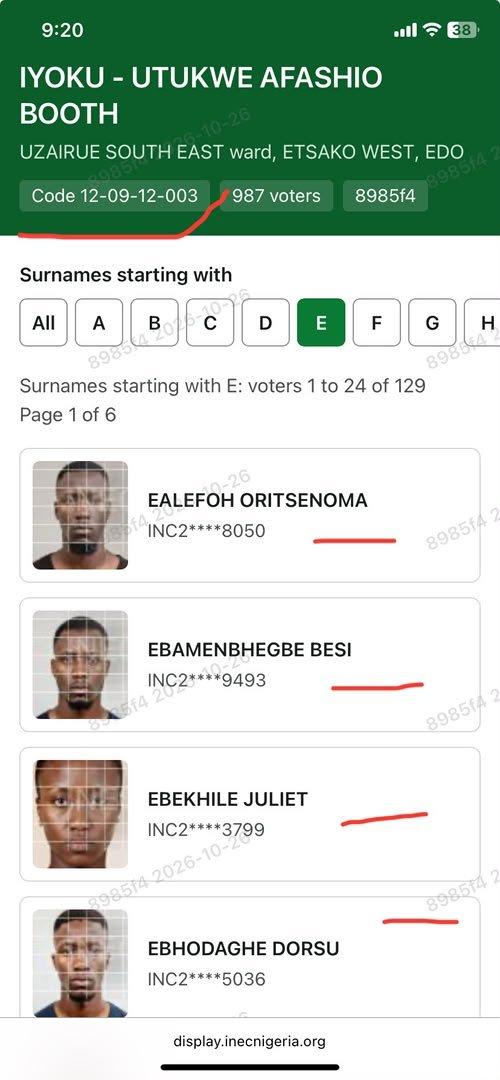 Screenshots of suspected AI images attached to voter records in Ward 11, Uzairue South East, Etsako West Local Government Area of Edo State.