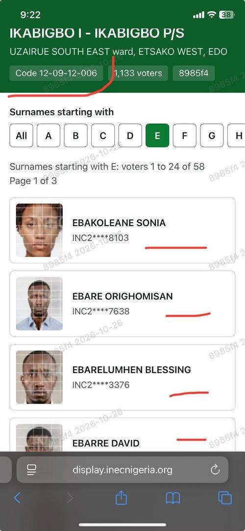Screenshots of suspected AI images attached to voter records in Ward 11, Uzairue South East, Etsako West Local Government Area of Edo State.
