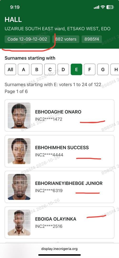 Screenshots of suspected AI images attached to voter records in Ward 11, Uzairue South East, Etsako West Local Government Area of Edo State.