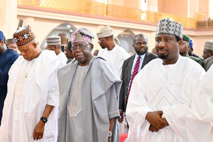 From left: Vice President Kashim Shettima; President Bola Ahmed Tinubu; and Deputy Senate President, Jubril Barau, during the Jumat prayer to Mark President Tinubu’s 73rd birthday at the National Mosque, Abuja, on Friday.
