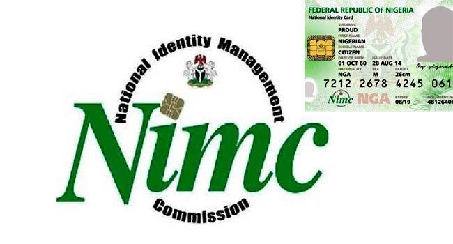 The official green branding of the National Identity Management Commission NIMC logo displayed beside a specimen copy of the Nigerian National Identity Card.