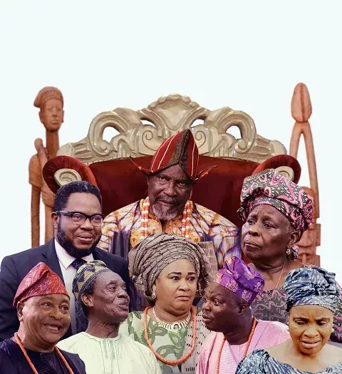 Promotional group portrait of the cast of the classic Nigerian television drama series The Village Headmaster, showcasing the village king on his throne surrounded by chiefs and community members in traditional attire.