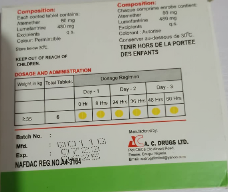 The back of a medication pack displaying the batch number, manufacturing date, expiry date, and NAFDAC registration number by A.C. Drugs Ltd.