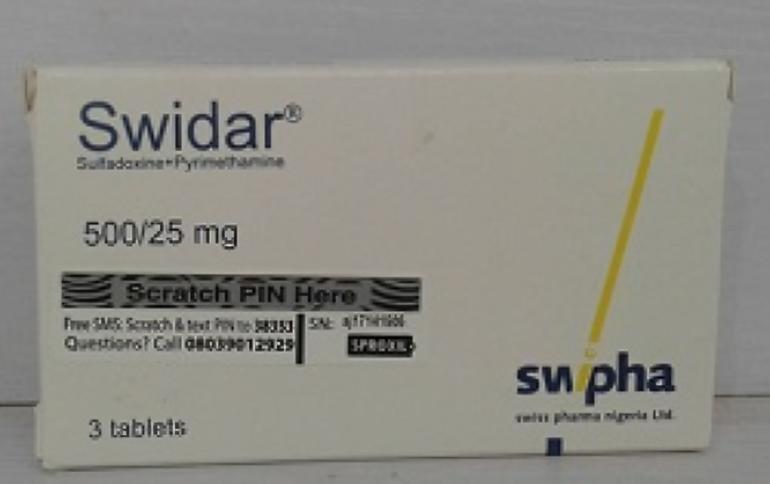 A packet of Swidar malaria tablets showing a silver scratch panel with instructions to text the hidden PIN to 38353 for NAFDAC authentication.