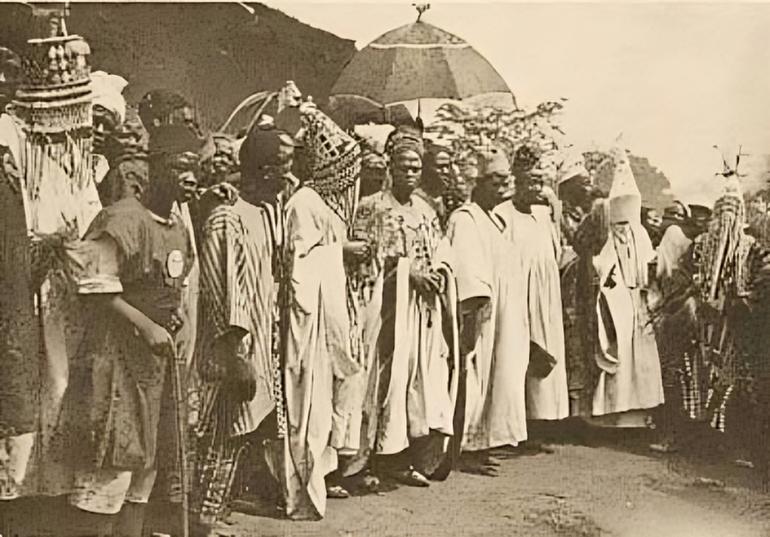 Historic 19th century photograph of a royal court gathering and traditional chiefs in the Ijebu Kingdom of Southwestern Nigeria