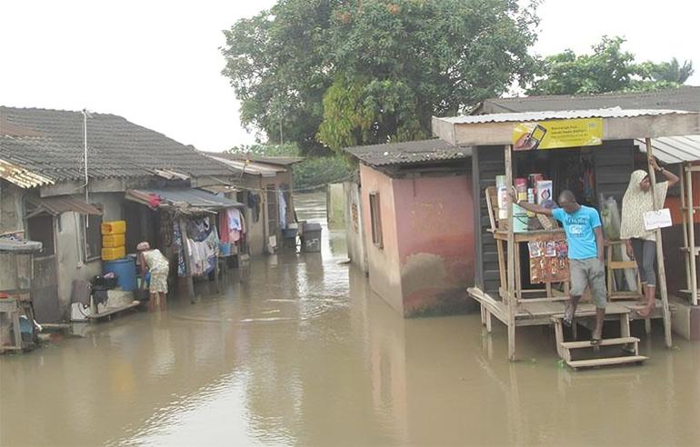 Submerged residential buildings and shops in a flood-prone community in Ikorodu, Lagos.