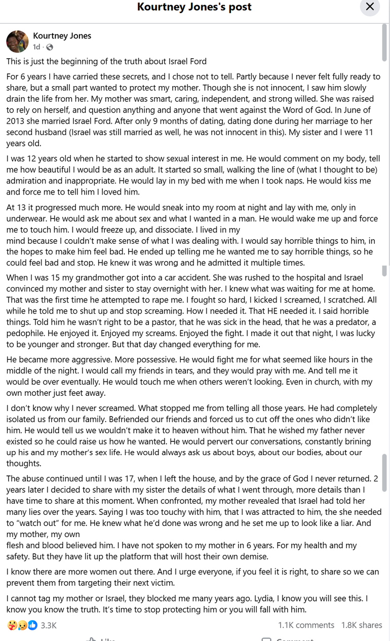 Kourtney Jones, Lydia Ford’s daughter and Israel’s stepdaughter, claims that Israel Ford abused her.