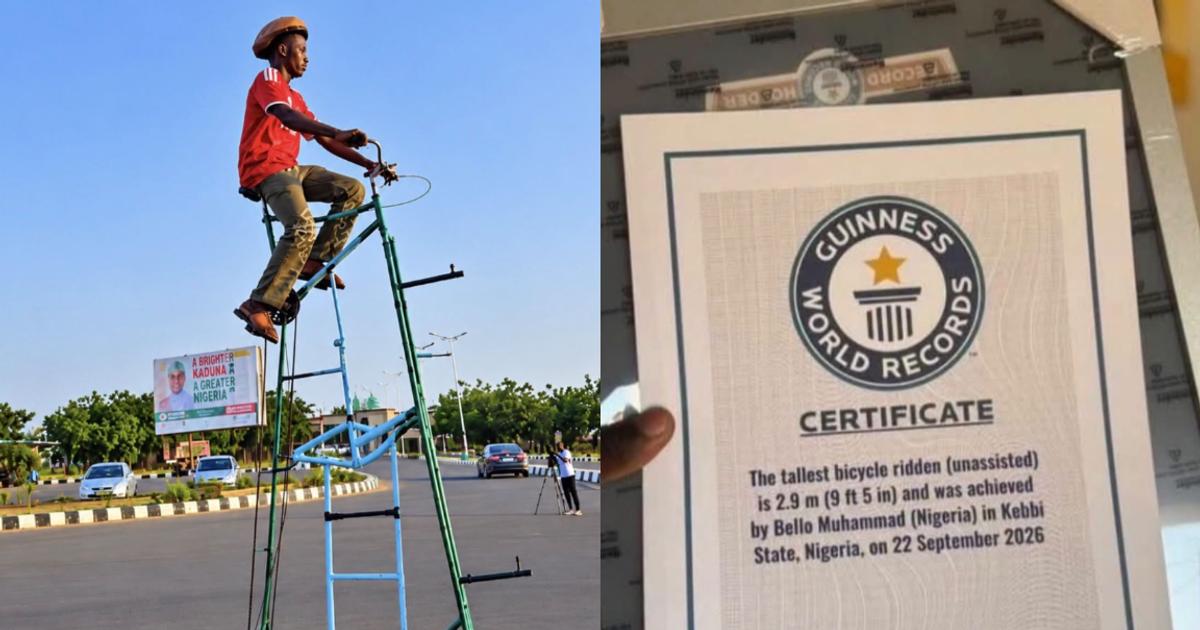 Nigerian Cyclist Bello Muhammad claims world record with self-built 9ft 5in bicycle