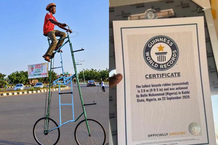 Nigerian Cyclist Bello Muhammad claims world record with self-built 9ft 5in bicycle