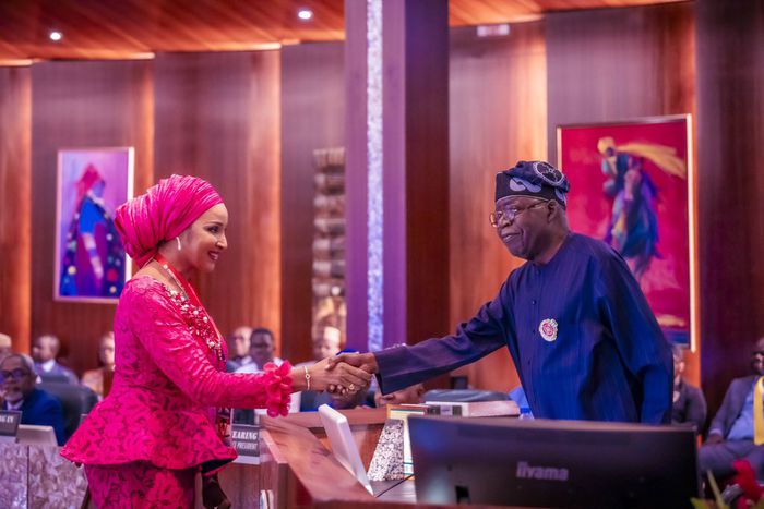 President Bola Tinubu shaking hands with the newly appointed Minister of Foreign Affairs, Bianca Odumegwu-Ojukwu, at the State House, Abuja, following her promotion in April 2026.