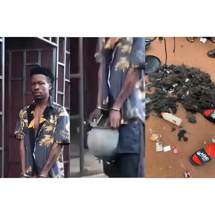 A three-part collage showing the suspect in custody along with ritual items and heaps of customer hair seized during the police operation in Abia State.