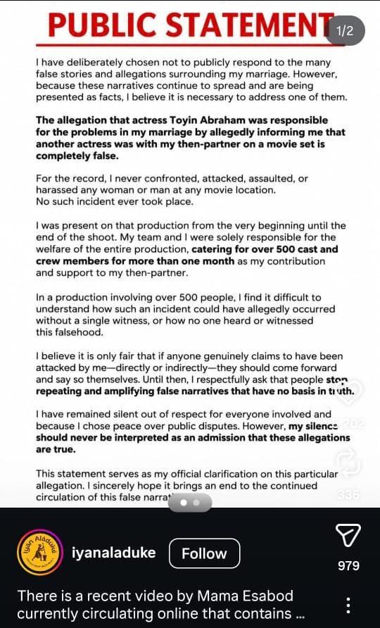 Statement shared by Omotayo Sanusi on Instagram
