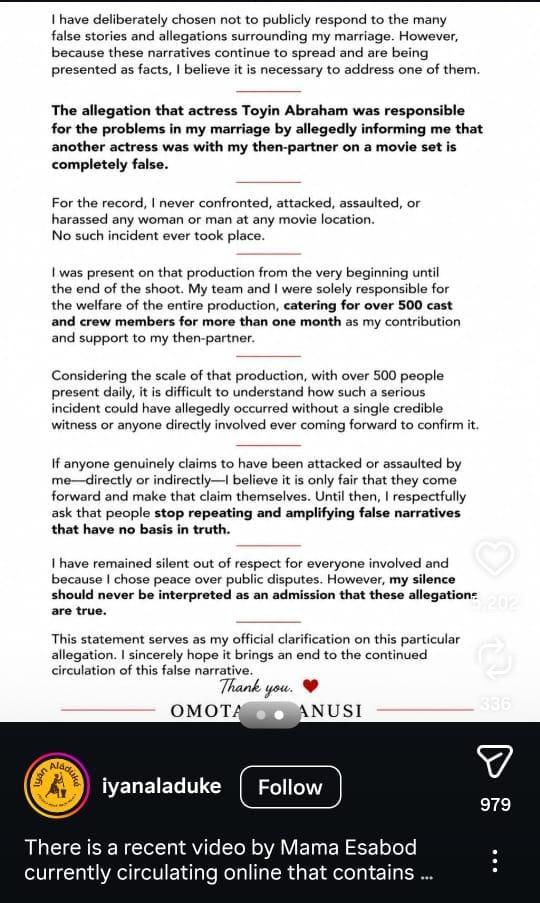 Statement shared by Omotayo Sanusi on Instagram