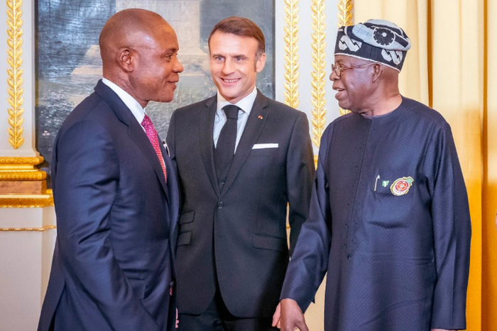 Enugu State Governor, Peter Mbah with President Bola Tinubu and his French counterpart, Emmanuel Macron.