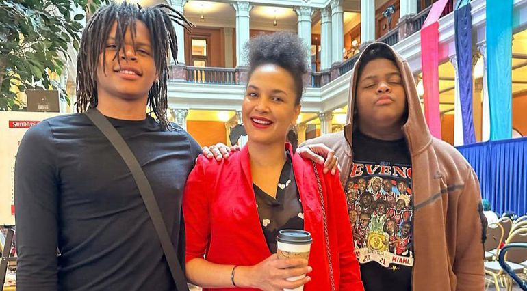 Daniella Atim with her sons Abba Marcus and Alpha Joseph Mayanja