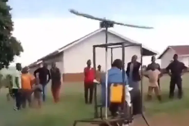 Hilarious reactions as man attempts to fly home-made helicopter (video)