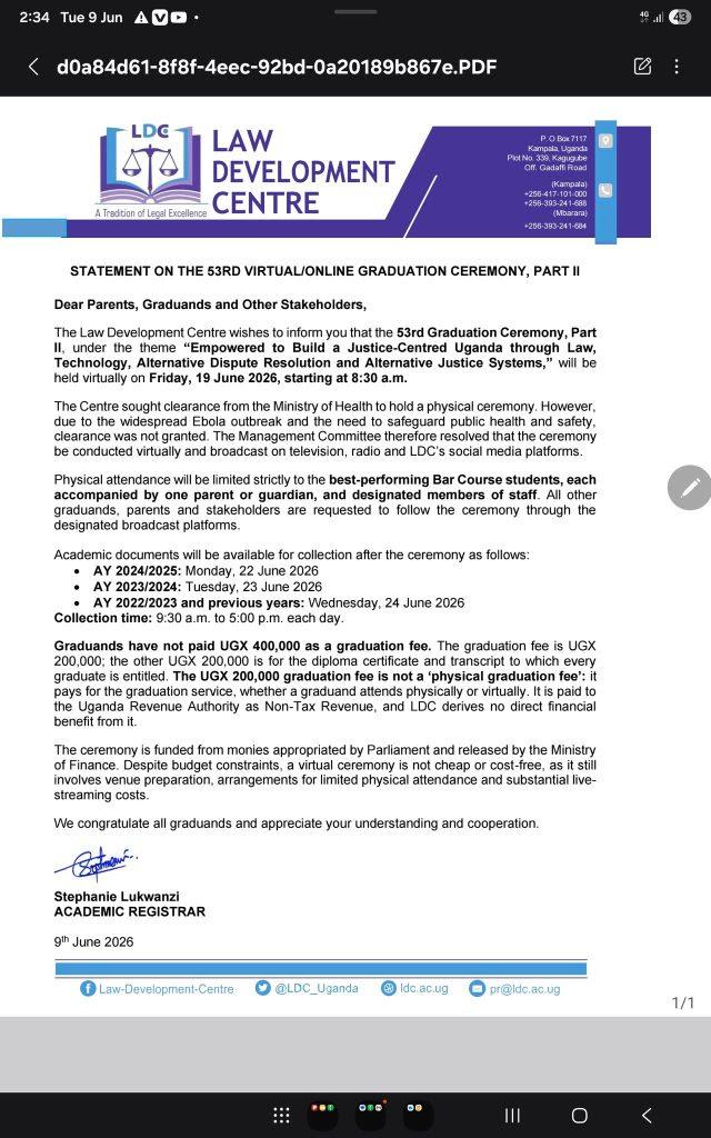 Bar Course graduates at the Law Development Centre (LDC) have raised concerns over a Shs400,000 graduation charge