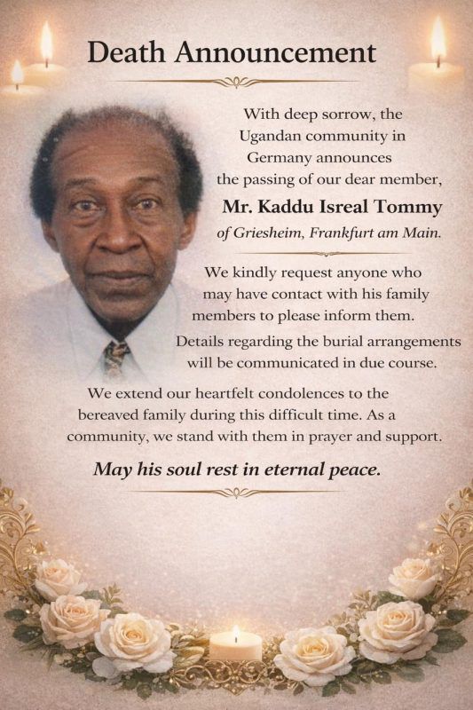 A poster announcing death of  Israel Kaddu Tommy
