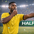 A football referee signals halftime in the match