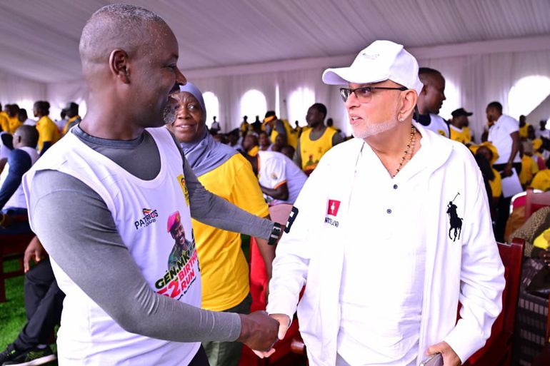 Deputy Speaker of Parliament Thomas Tayebwa and businessman Sudhir Ruparelia at the Kololo Ceremonial Grounds for the 52nd birthday charity run of the Chief of Defence Forces Gen Muhoozi Kainerugaba