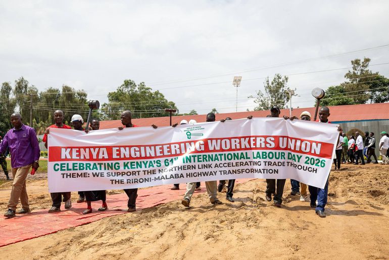 Members of the engineering association marching in front of the main dias during the 2026 Labour Day Celebrations held in Vihiga County