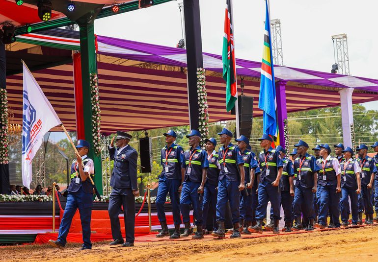 Security Guards marching in front of the main dias during the 2026 Labour Day Celebrations held in Vihiga County