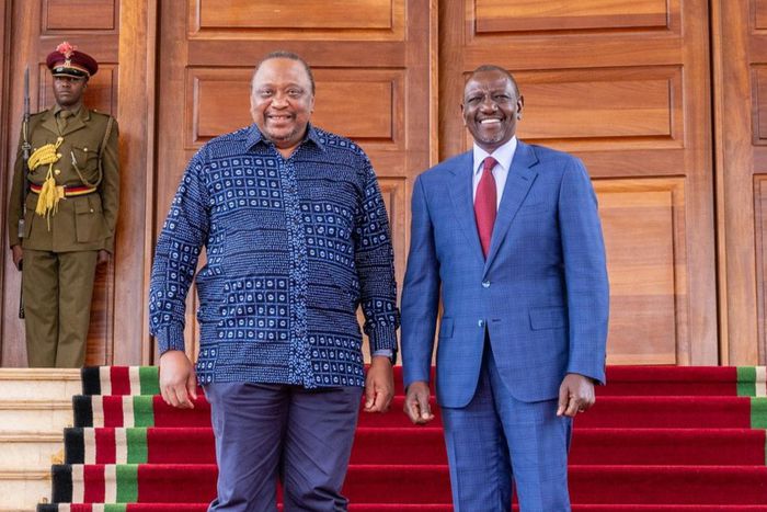 Former President Former President Uhuru Kenyatta alongside his successor, President William Ruto, at State House, Nairobi