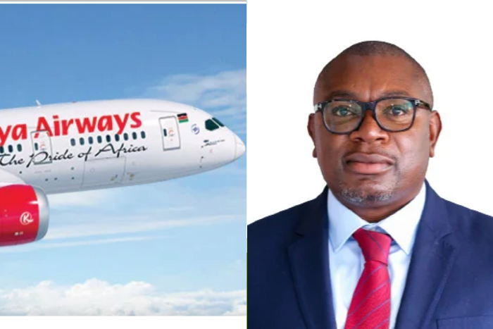 Photo collage of a Kenya Airways (KQ) plane and newly appointed CEO and former Company Secretary Habil Waswani (Image: KQ)
