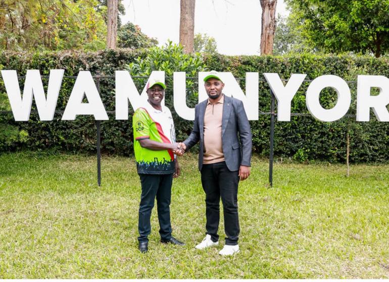 Evans Kama during a courtesy call at Wanunyoro, to meet the former deputy president and DCP Party Leader Rigathi Gachagua (Image: Files)